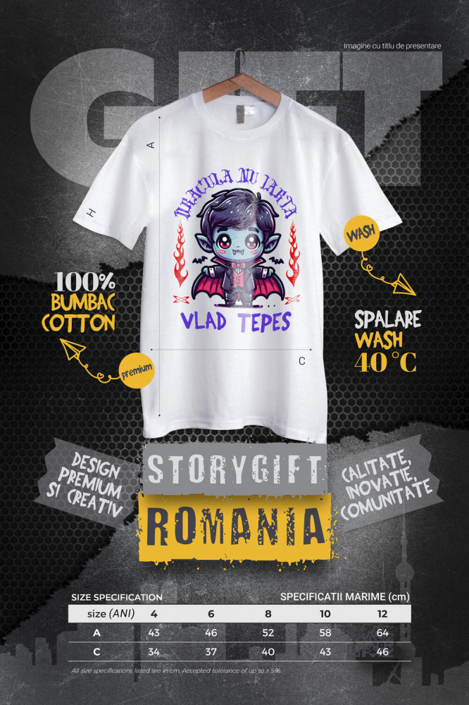 Tricou Femei, Barbati, Copii, Fata, Baiat, Unisex Personalizat Vampir Vlad Țepeș Halloween - Cadouri Personalizate cu Colți, Lilieci și Text Dracula [4]