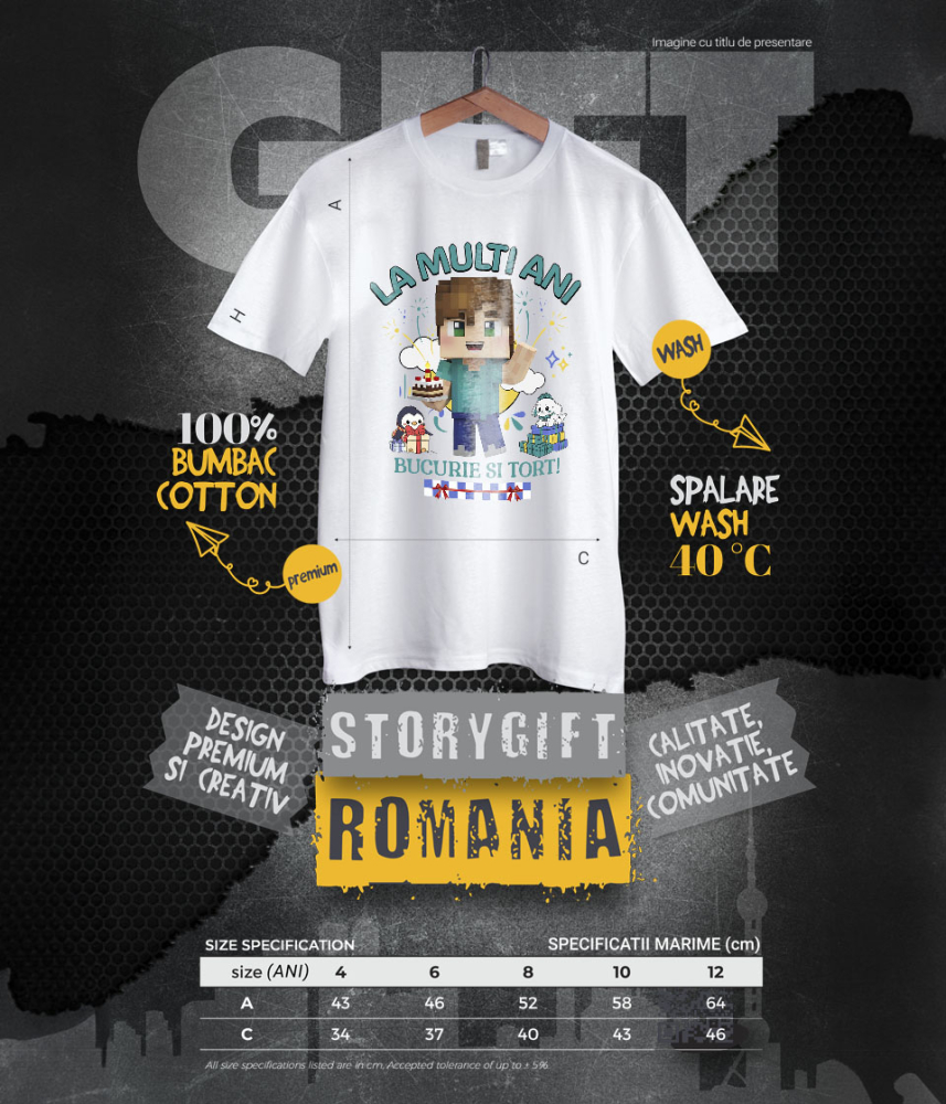 Tricou Copii cu Aniversare Plina de Creativitate cu Minecraft 100% Bumbac, Alb, 8 Ani [6]