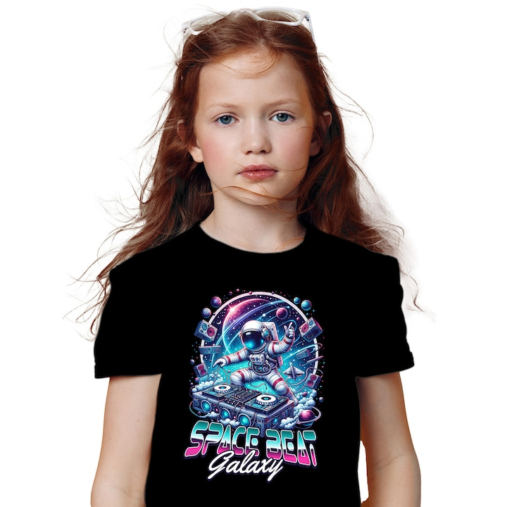 Tricou Copii cu Astronaut In Spatiu Petrecere Muzica Dj, Distractie, Univers Infinit cu imprimeu pe Fata, 100% Bumbac, Negru, 6 Ani [1]