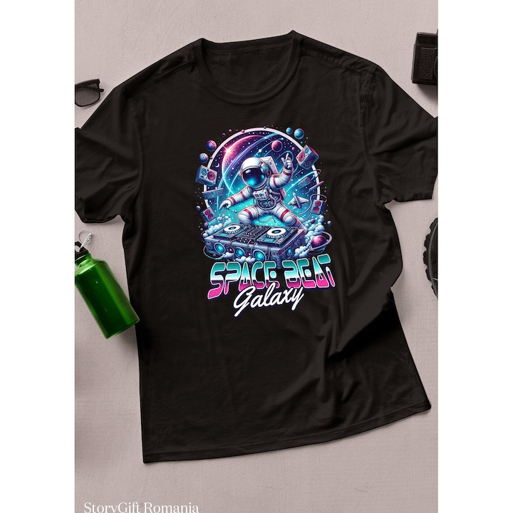 Tricou Copii cu Astronaut In Spatiu Petrecere Muzica Dj, Distractie, Univers Infinit cu imprimeu pe Fata, 100% Bumbac, Negru, 6 Ani [3]