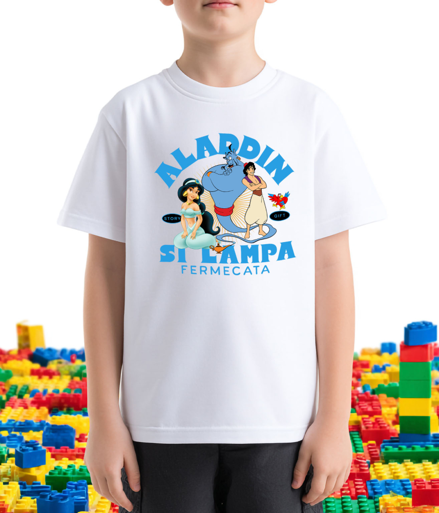 Tricou Copii cu Aventurile lui Alladin, Jasmine si Duhul 100% Bumbac, Alb, 12 Ani [3]