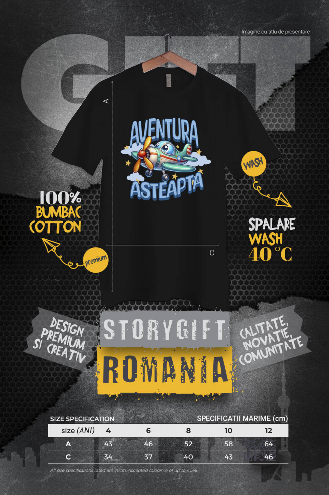 Tricou Femei, Barbati, Copii, Fata, Baiat, Unisex Personalizat Avion Colorat Animat Deasupra Norilor – Cadou Personalizat „Aventura Așteaptă” pentru Copii [4]