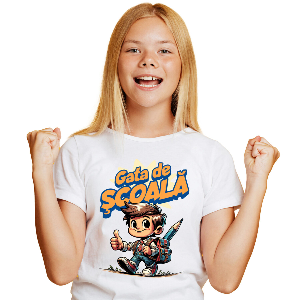 Tricou Femei, Barbati, Copii, Fata, Baiat, Unisex Personalizat Băiat Vesel cu Rucsac și Creion Imens | Pregătit pentru Școala și Educație [1]