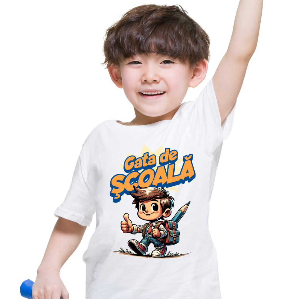 Tricou Femei, Barbati, Copii, Fata, Baiat, Unisex Personalizat Băiat Vesel cu Rucsac și Creion Imens | Pregătit pentru Școala și Educație [2]