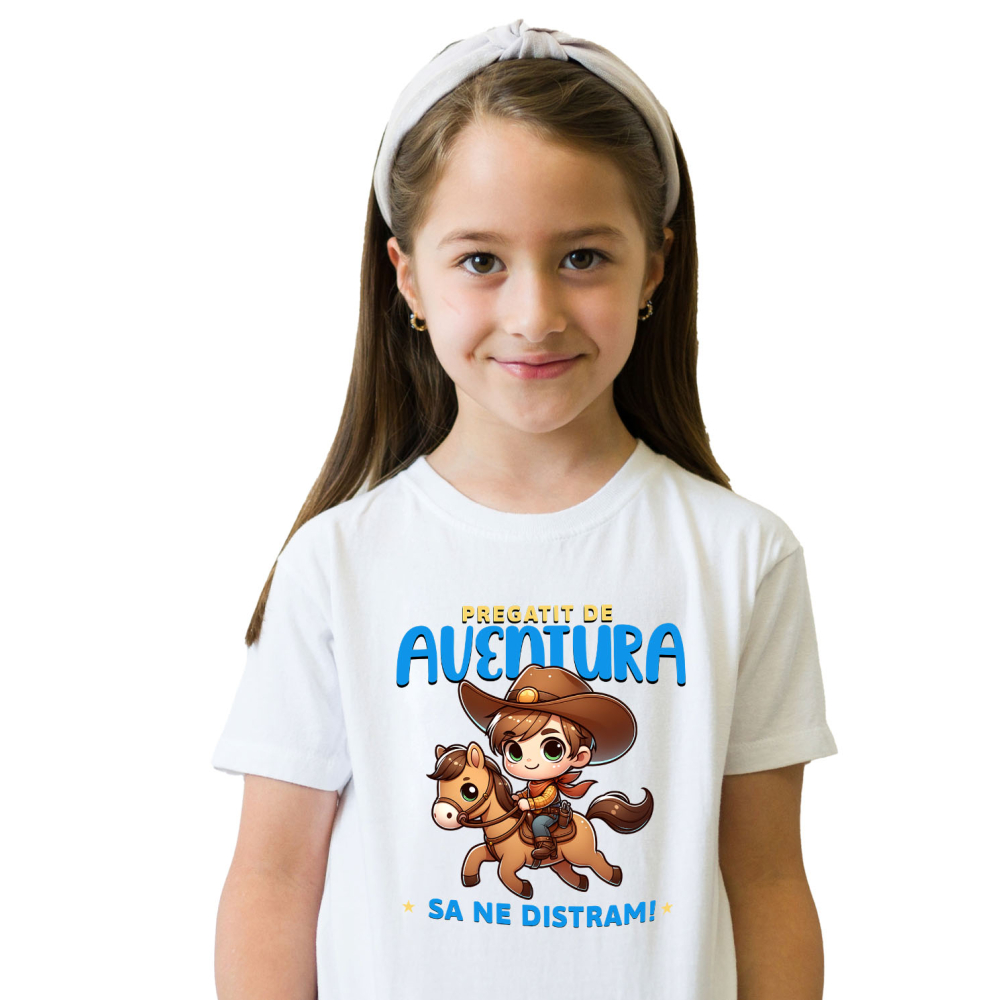 Tricou Femei, Barbati, Copii, Fata, Baiat, Unisex Personalizat Tricou Personalizat Băiat Cowboy – "Pregătit de Aventură, Să Ne Distram" | Cadou Amuzant pentru Copii și Tati [2]