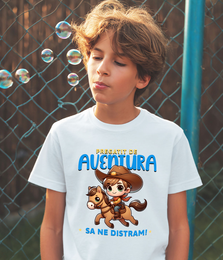 Tricou Femei, Barbati, Copii, Fata, Baiat, Unisex Personalizat Tricou Personalizat Băiat Cowboy – "Pregătit de Aventură, Să Ne Distram" | Cadou Amuzant pentru Copii și Tati [3]