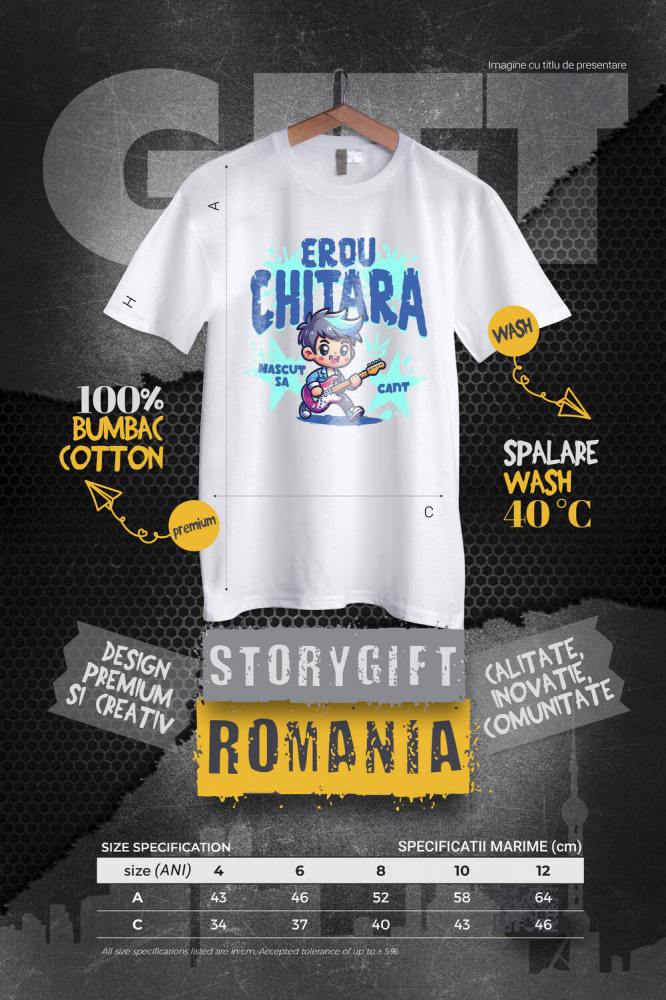 Tricou Femei, Barbati, Copii, Fata, Baiat, Unisex Personalizat Băiat Rockstar cu Chitara Roșie – Cadou Personalizat pentru Copii și Familie [4]