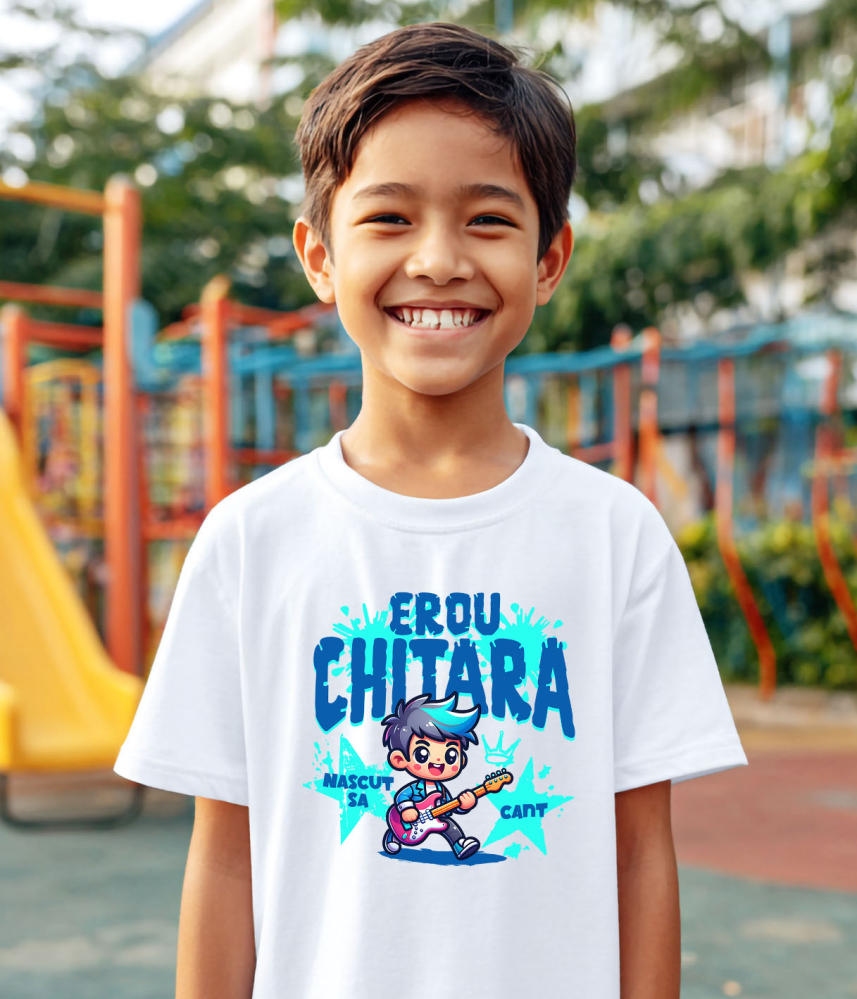 Tricou Femei, Barbati, Copii, Fata, Baiat, Unisex Personalizat Băiat Rockstar cu Chitara Roșie – Cadou Personalizat pentru Copii și Familie [4]