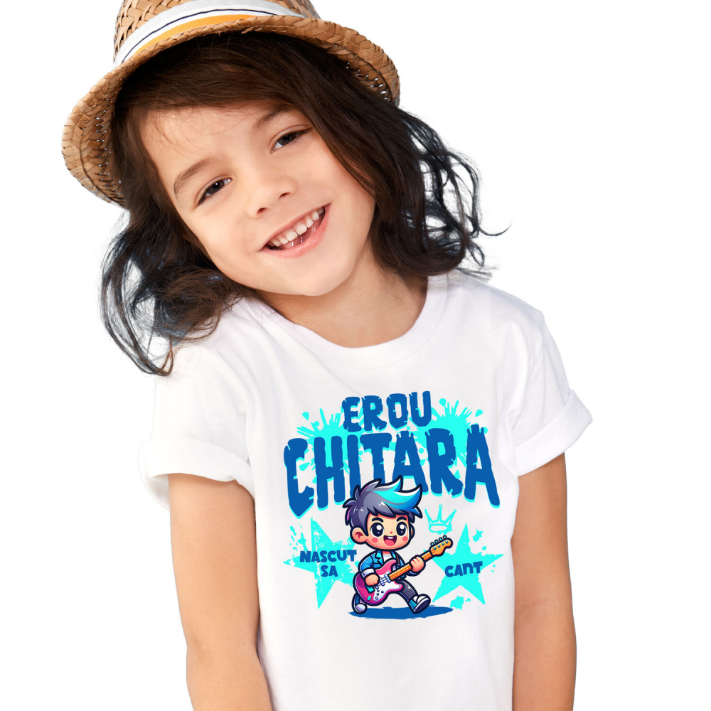 Tricou Femei, Barbati, Copii, Fata, Baiat, Unisex Personalizat Băiat Rockstar cu Chitara Roșie – Cadou Personalizat pentru Copii și Familie [2]