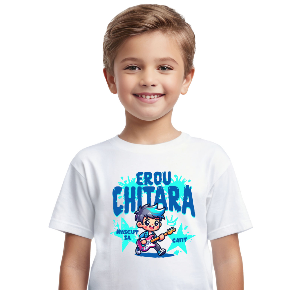 Tricou Femei, Barbati, Copii, Fata, Baiat, Unisex Personalizat Băiat Rockstar cu Chitara Roșie – Cadou Personalizat pentru Copii și Familie [2]
