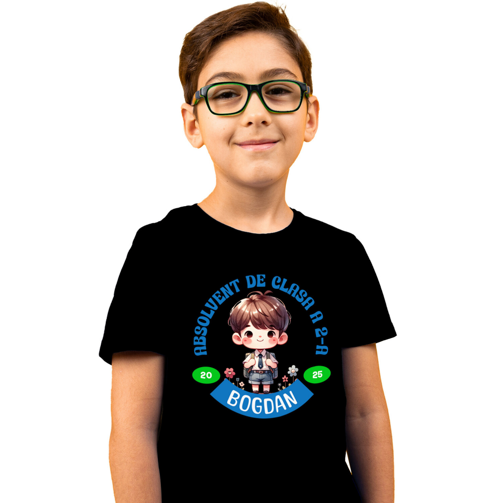 Tricou Femei, Barbati, Copii, Fata, Baiat, Unisex Personalizat Băiat Școlar cu Breton și Rucsac Personalizat „Absolvent de Clasa a 2-a Bogdan” - Cadou Educativ [2]