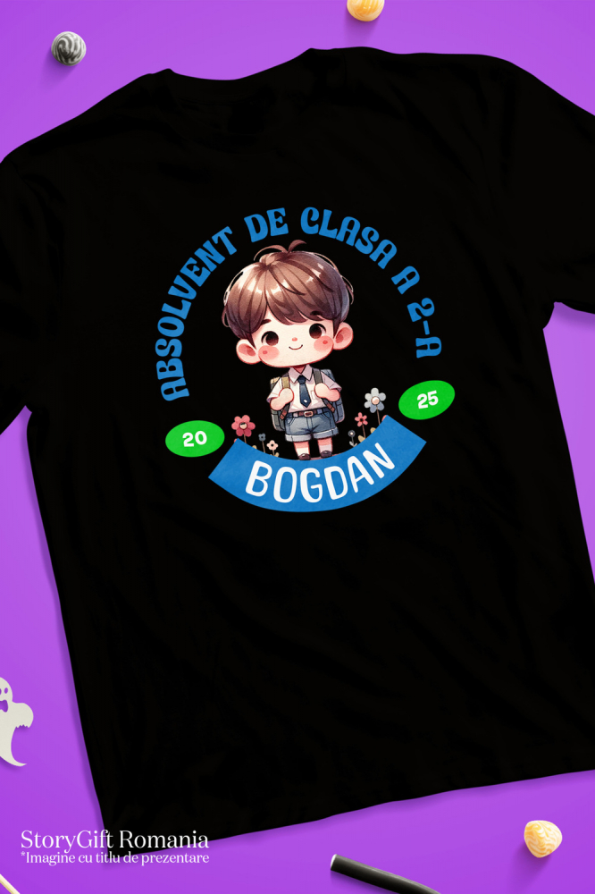 Tricou Femei, Barbati, Copii, Fata, Baiat, Unisex Personalizat Băiat Școlar cu Breton și Rucsac Personalizat „Absolvent de Clasa a 2-a Bogdan” - Cadou Educativ [3]