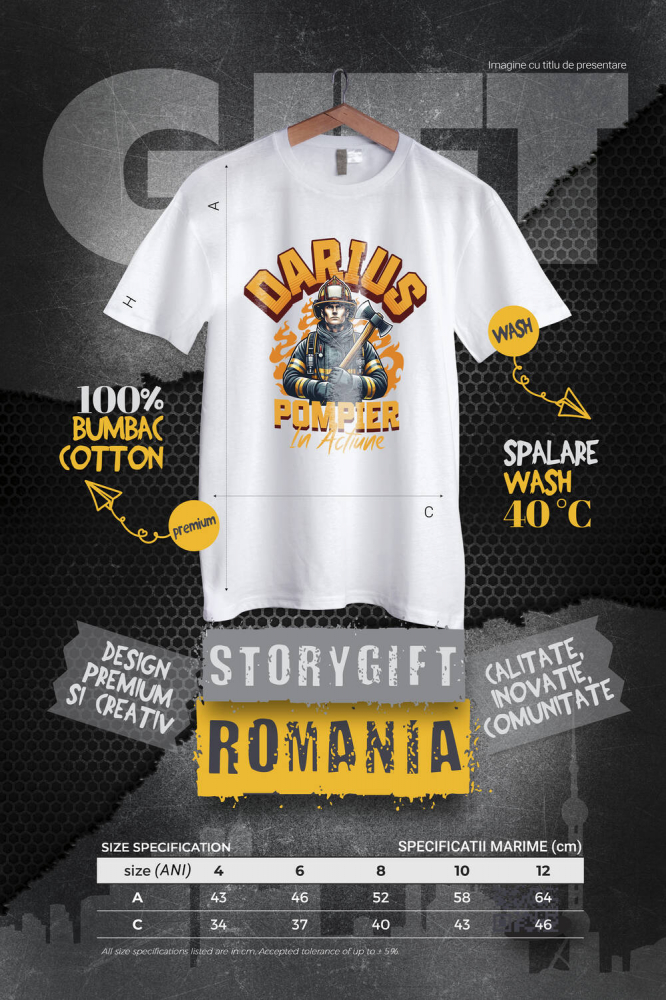Tricou Femei, Barbati, Copii, Fata, Baiat, Unisex Personalizat Pompier Curajos – Costum, Topor și Flăcări – Siguranță și Apărare [4]