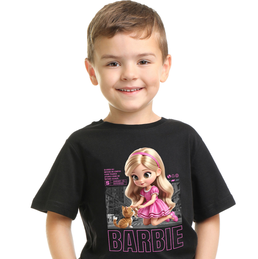 Tricou Copii cu Barbie si Pisicuta – Echipa Fermecata 100% Bumbac, Negru, 12 Ani [2]