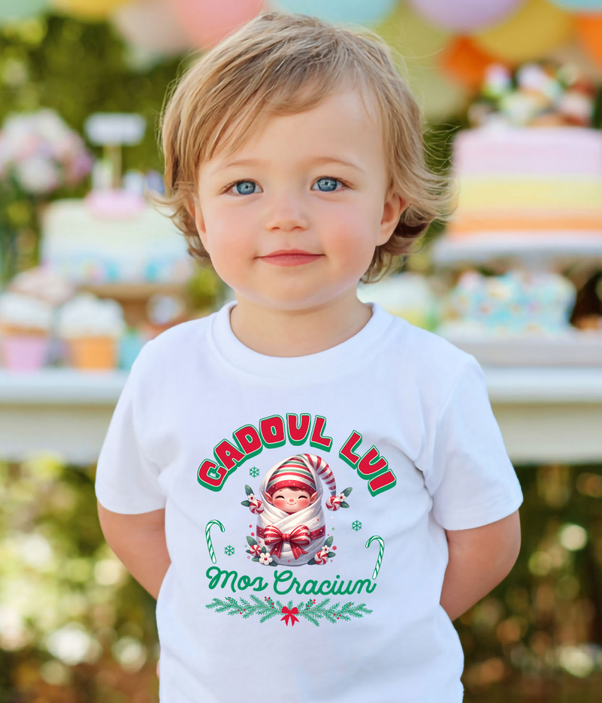 Tricou Femei, Barbati, Copii, Fata, Baiat, Unisex Personalizat Bebe în Păturică cu Funda Roșie și Pălărie – Cadoul Perfect de Moș Crăciun [4]