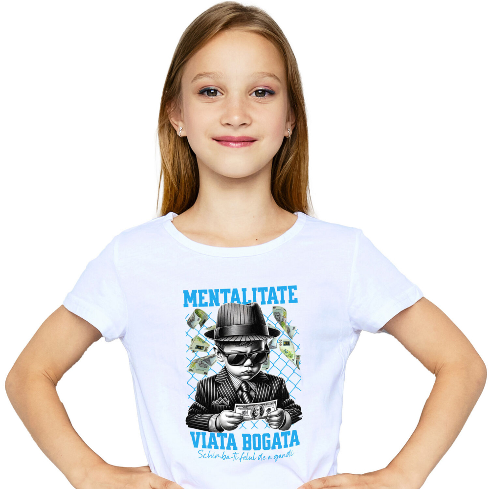 Tricou Femei, Barbati, Copii, Fata, Baiat, Unisex Personalizat Bebeluș în Costum Stil Mafiot cu Ochelari și Bancnotă – „Mentalitate Viață Bogată” – Cadou Personalizat pentru Familie, Tati, Copii, Prieteni [2]