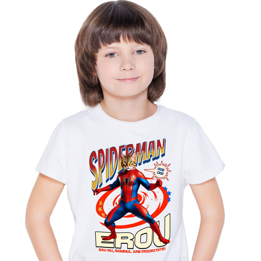 Tricou Femei, Barbati, Copii, Fata, Baiat, Unisex Personalizat Pisică Bengal în Costum Spider-Man cu Pelerină - Cadou Personalizat pentru Iubitorii de Pisici și Copii [1]
