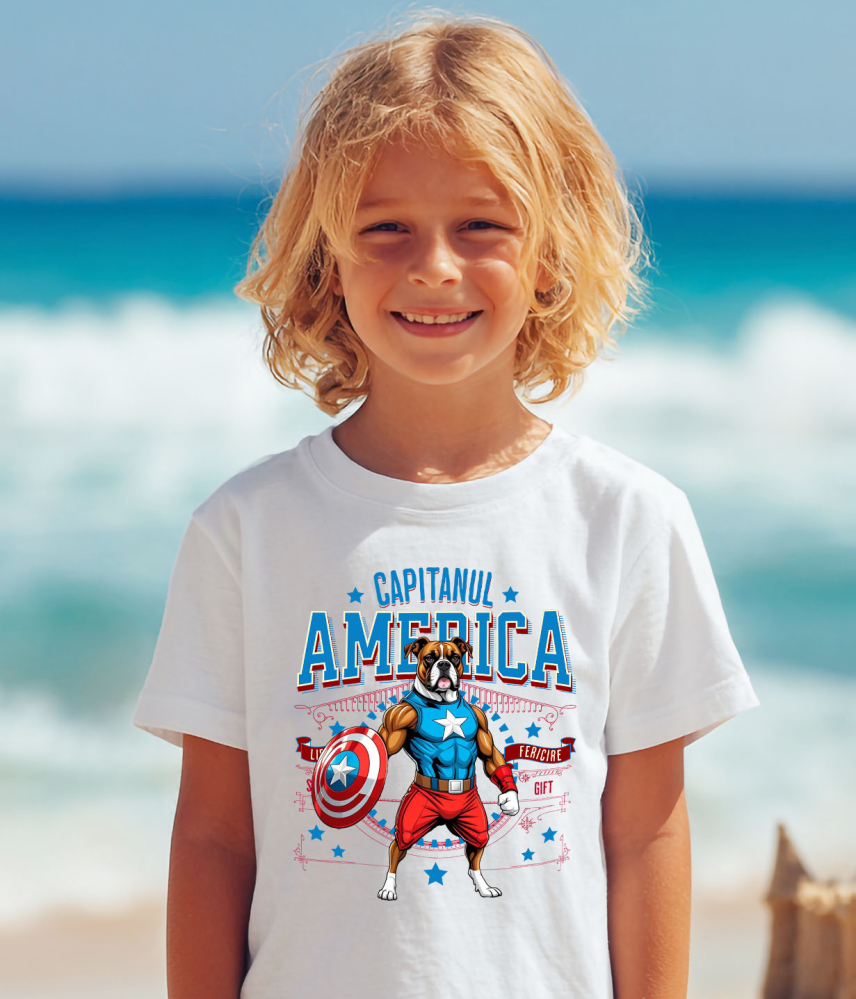 Tricou Femei, Barbati, Copii, Fata, Baiat, Unisex Personalizat Boxer în Costum Captain America cu Pelerină - Cadou Personalizat pentru Copii și Iubitorii de Câini [4]