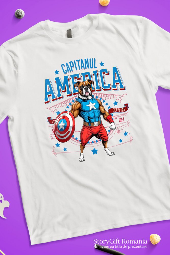 Tricou Femei, Barbati, Copii, Fata, Baiat, Unisex Personalizat Boxer în Costum Captain America cu Pelerină - Cadou Personalizat pentru Copii și Iubitorii de Câini [3]