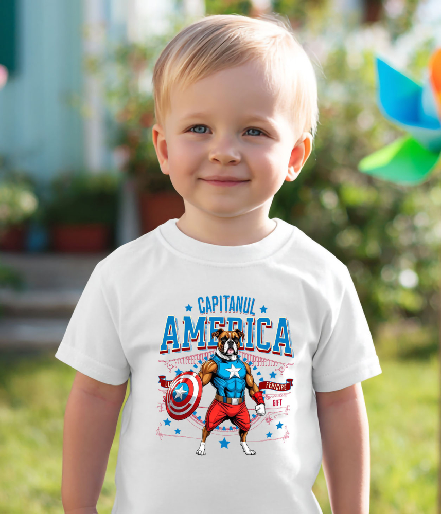 Tricou Femei, Barbati, Copii, Fata, Baiat, Unisex Personalizat Boxer în Costum Captain America cu Pelerină - Cadou Personalizat pentru Copii și Iubitorii de Câini [3]