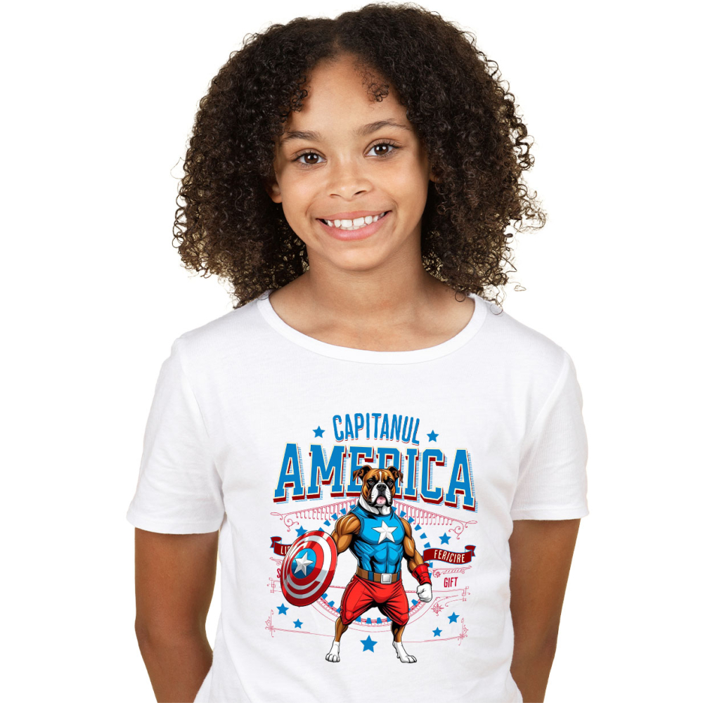 Tricou Femei, Barbati, Copii, Fata, Baiat, Unisex Personalizat Boxer în Costum Captain America cu Pelerină - Cadou Personalizat pentru Copii și Iubitorii de Câini [2]