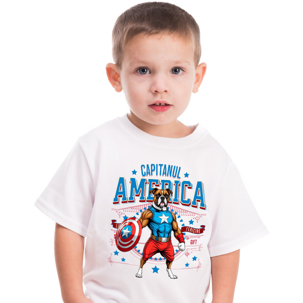 Tricou Femei, Barbati, Copii, Fata, Baiat, Unisex Personalizat Boxer în Costum Captain America cu Pelerină - Cadou Personalizat pentru Copii și Iubitorii de Câini [1]