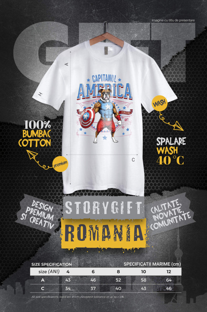Tricou Femei, Barbati, Copii, Fata, Baiat, Unisex Personalizat Boxer în Costum Captain America cu Pelerină - Cadou Personalizat pentru Copii și Iubitorii de Câini [4]