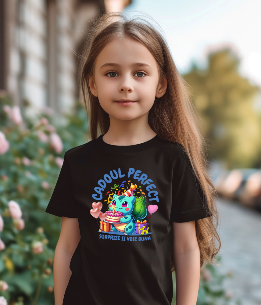 Tricou Copii cu Cadou Bulbasaur – Tort si Bucurie pentru Ziua de Nastere 100% Bumbac, Negru, 10 Ani [3]
