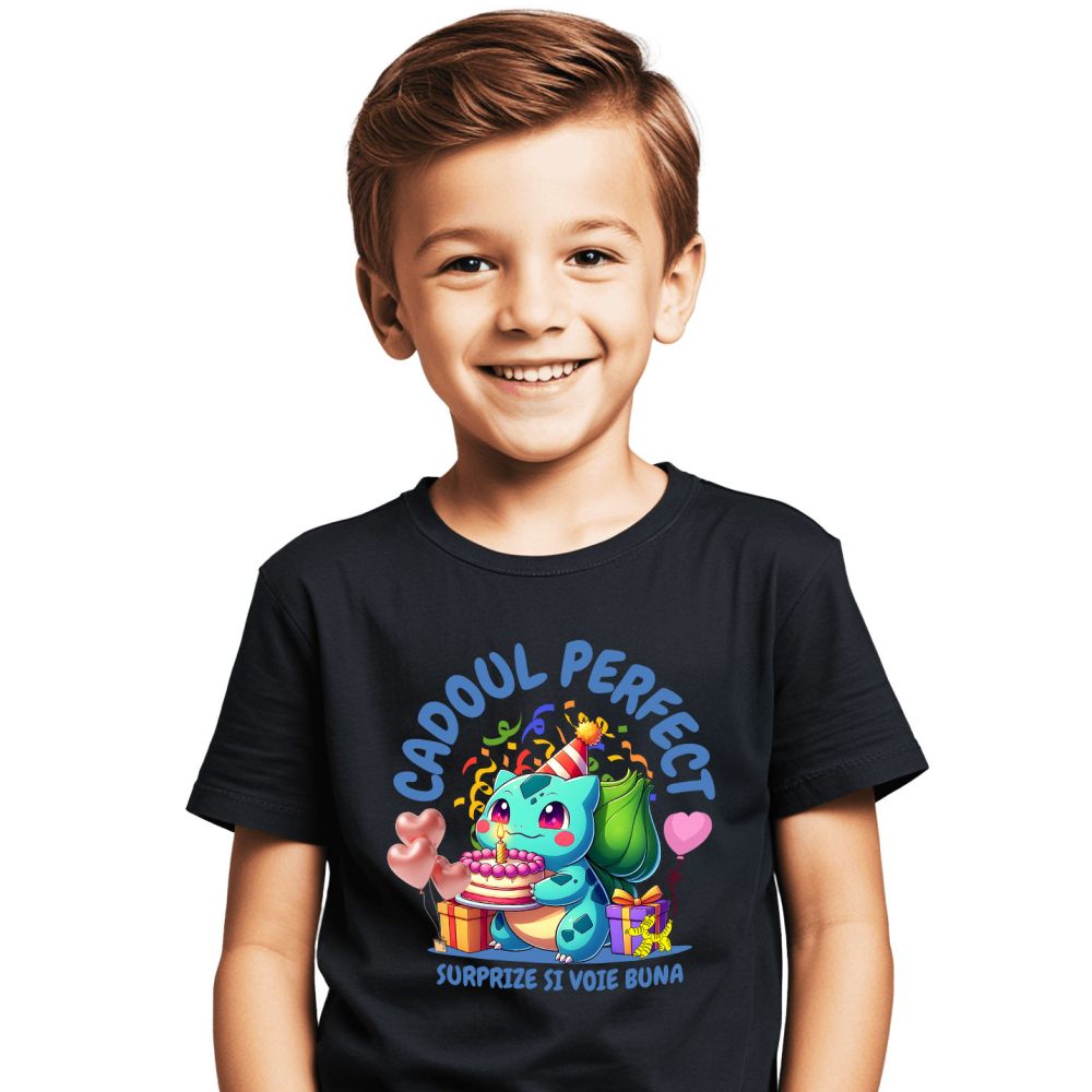 Tricou Copii cu Cadou Bulbasaur – Tort si Bucurie pentru Ziua de Nastere 100% Bumbac, Negru, 10 Ani [2]