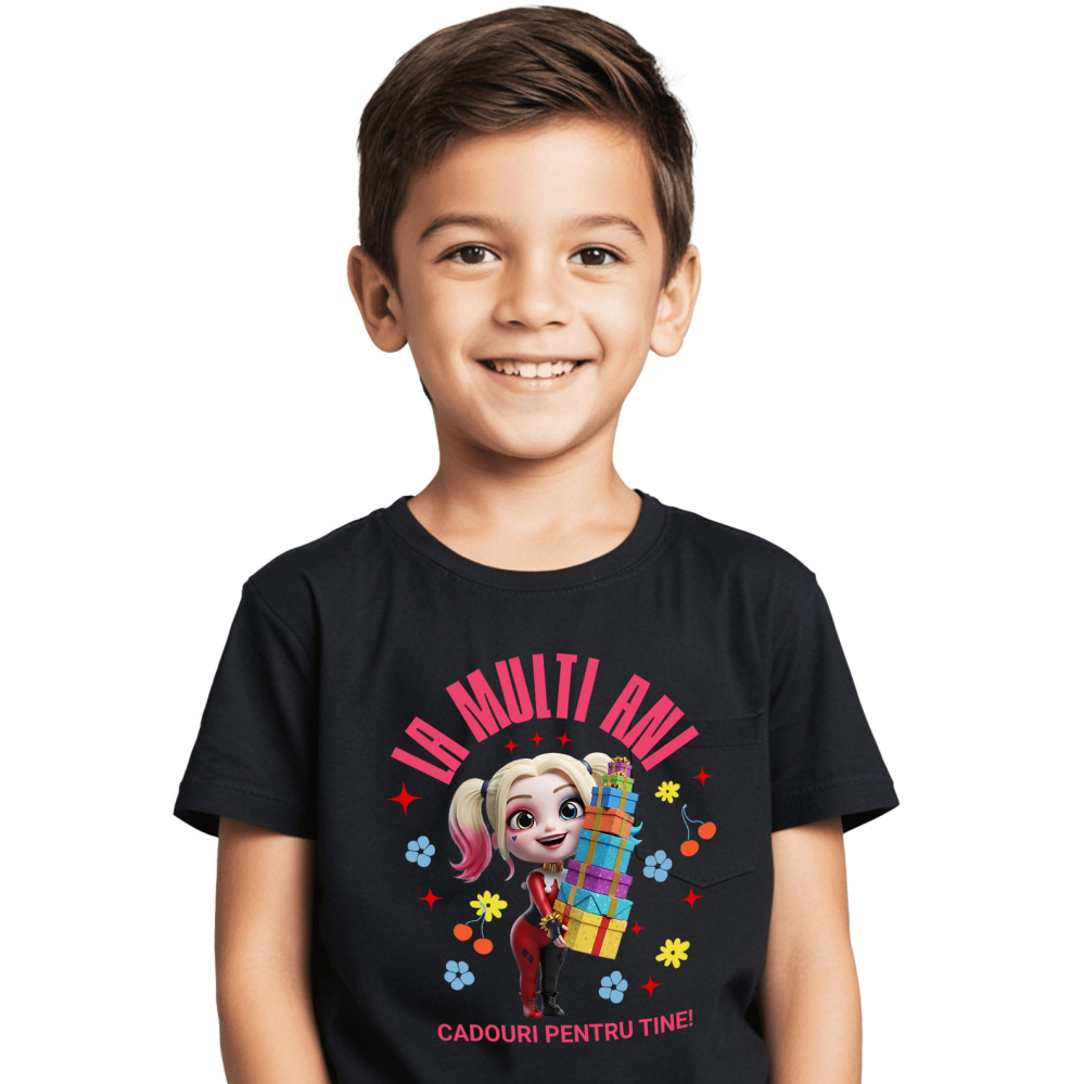 Tricou Copii cu Cadouri Harley Quinn pentru Aniversari si Zile de Nastere 100% Bumbac, Negru, 10 Ani [2]
