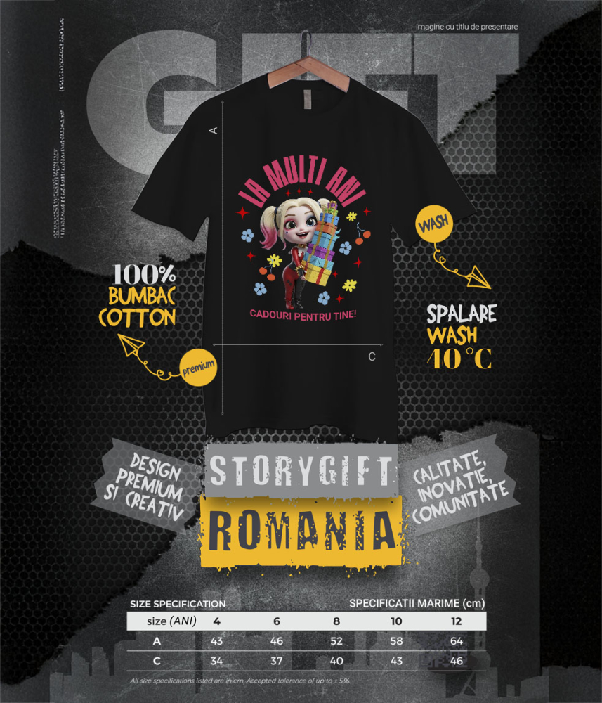 Tricou Copii cu Cadouri Harley Quinn pentru Aniversari si Zile de Nastere 100% Bumbac, Negru, 10 Ani [6]