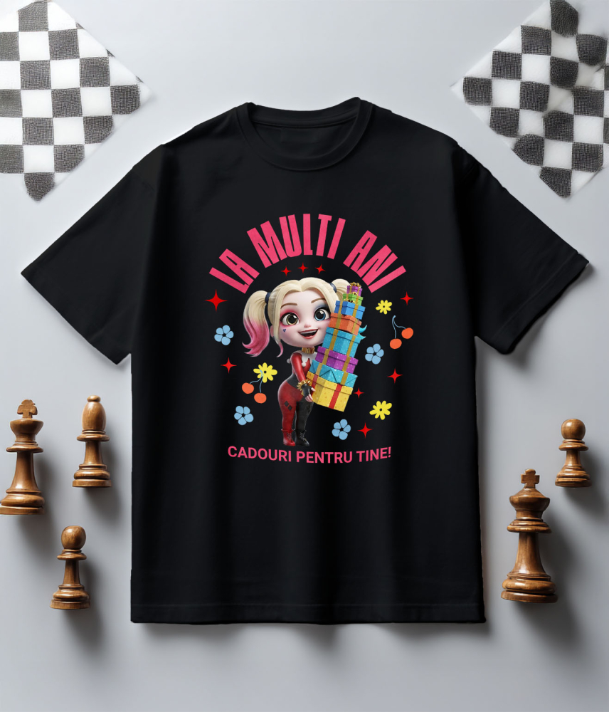 Tricou Copii cu Cadouri Harley Quinn pentru Aniversari si Zile de Nastere 100% Bumbac, Negru, 10 Ani [5]