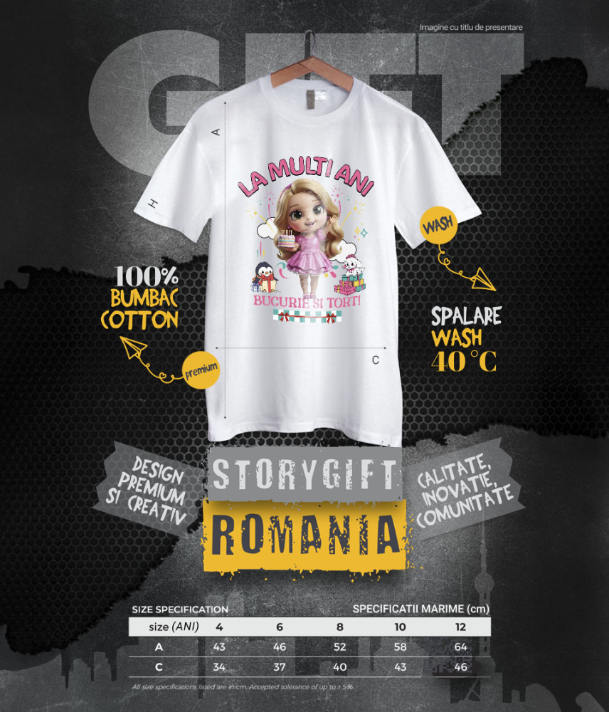 Tricou Copii cu Cadouri Printesa pentru Copii – Tort si Magie 100% Bumbac, Alb, 8 Ani [6]