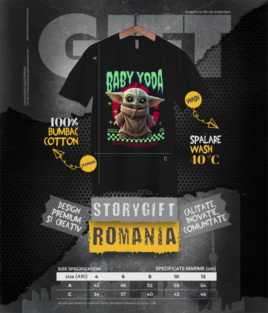 Tricou Copii cu Cadru Baby Yoda Aventuri Disney 100% Bumbac, Negru, 12 Ani [6]