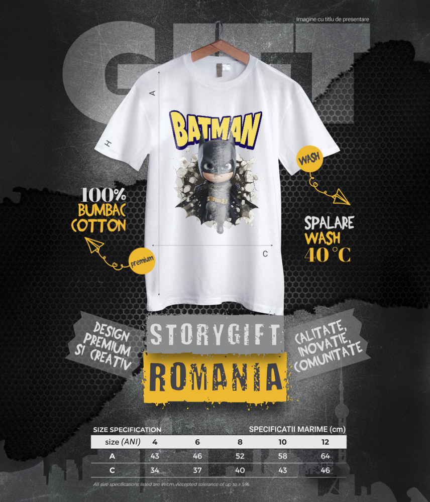 Tricou Copii cu Cadru Batman Aventuri in Gotham 100% Bumbac, Alb, 10 Ani [6]