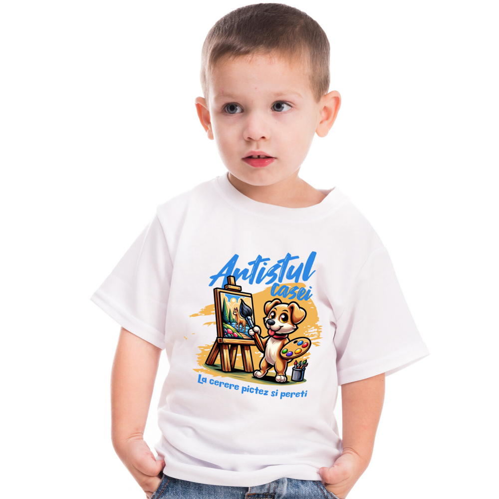 Tricou Femei, Barbati, Copii, Fata, Baiat, Unisex Personalizat „Câine Artist Tablou Canvas – Artistul Casei La Cerere – Pictură Personalizată Perete” [2]