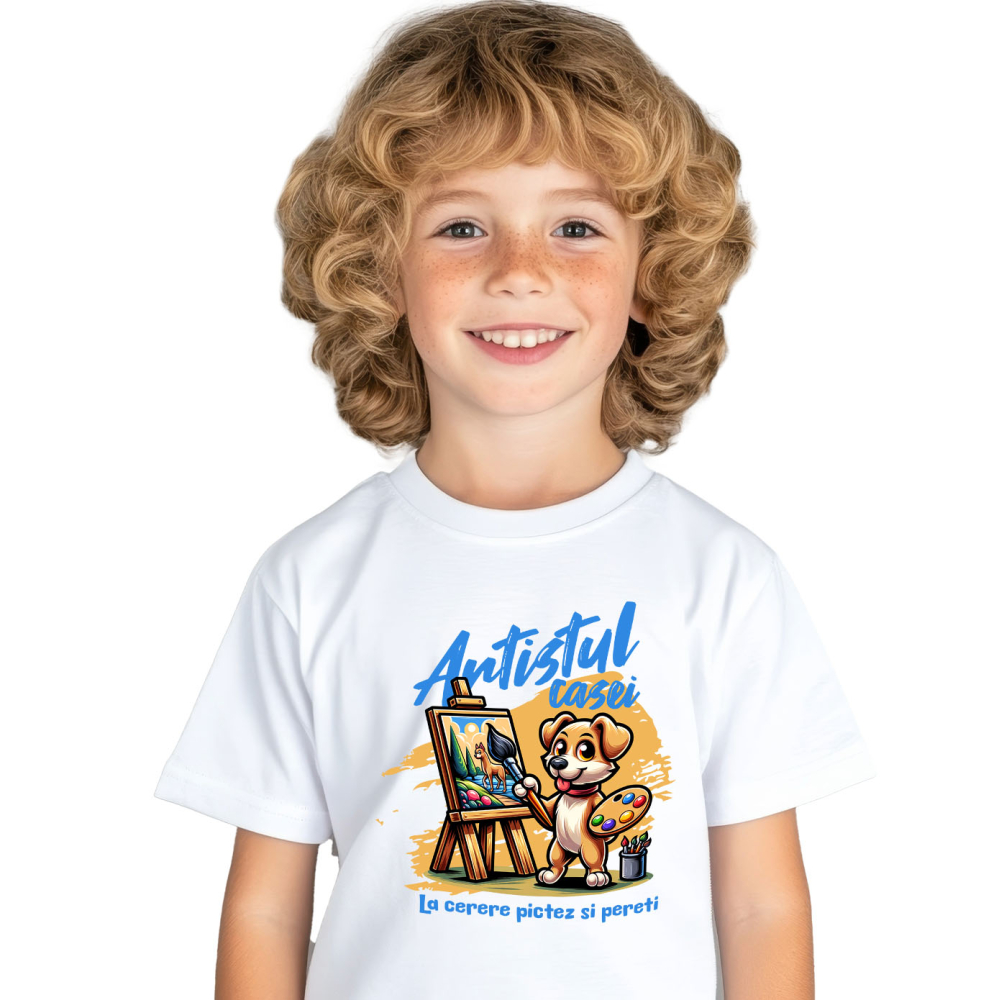 Tricou Femei, Barbati, Copii, Fata, Baiat, Unisex Personalizat „Câine Artist Tablou Canvas – Artistul Casei La Cerere – Pictură Personalizată Perete” [2]