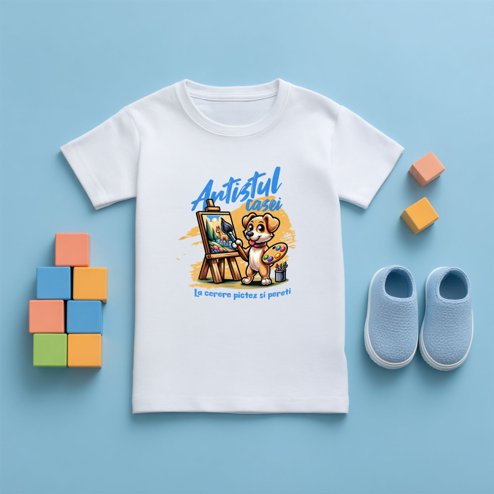 Tricou Femei, Barbati, Copii, Fata, Baiat, Unisex Personalizat „Câine Artist Tablou Canvas – Artistul Casei La Cerere – Pictură Personalizată Perete” [5]