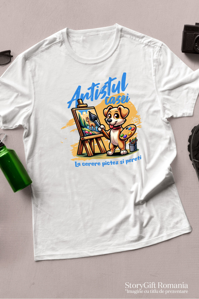 Tricou Femei, Barbati, Copii, Fata, Baiat, Unisex Personalizat „Câine Artist Tablou Canvas – Artistul Casei La Cerere – Pictură Personalizată Perete” [3]