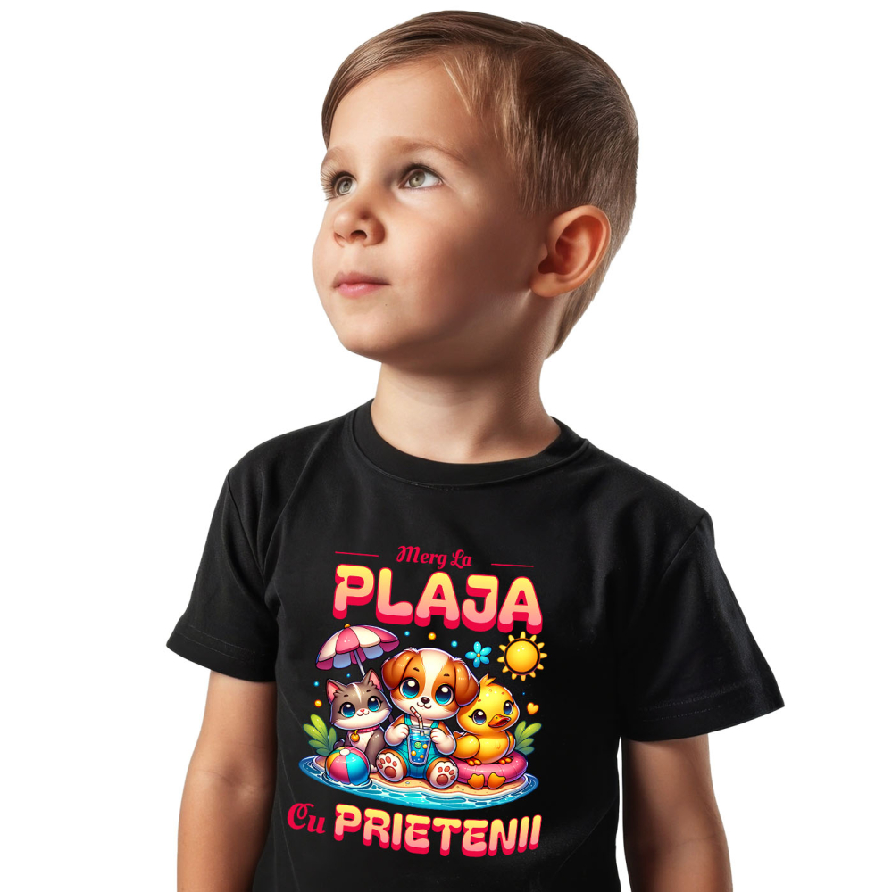 Tricou Femei, Barbati, Copii, Fata, Baiat, Unisex Personalizat Câine, Pisică și Rață cu Colac pe Plajă – Cadou Personalizat pentru Copii și Familie [2]