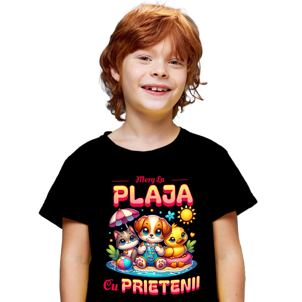 Tricou Femei, Barbati, Copii, Fata, Baiat, Unisex Personalizat Câine, Pisică și Rață cu Colac pe Plajă – Cadou Personalizat pentru Copii și Familie [1]