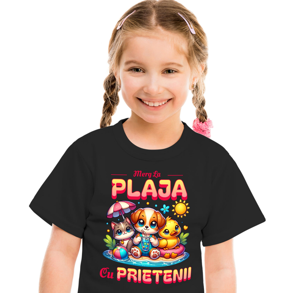 Tricou Femei, Barbati, Copii, Fata, Baiat, Unisex Personalizat Câine, Pisică și Rață cu Colac pe Plajă – Cadou Personalizat pentru Copii și Familie [2]