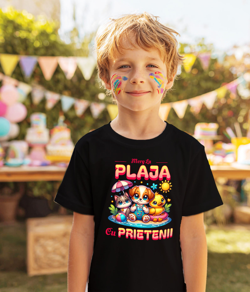 Tricou Femei, Barbati, Copii, Fata, Baiat, Unisex Personalizat Câine, Pisică și Rață cu Colac pe Plajă – Cadou Personalizat pentru Copii și Familie [4]