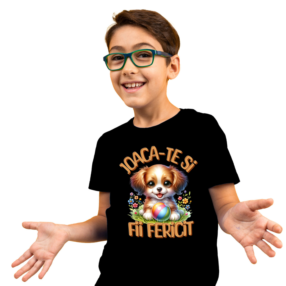 Tricou Femei, Barbati, Copii, Fata, Baiat, Unisex Personalizat Câine Pui Vesel cu Minge Colorată - Cadou Personalizat pentru Copii și Familie [1]