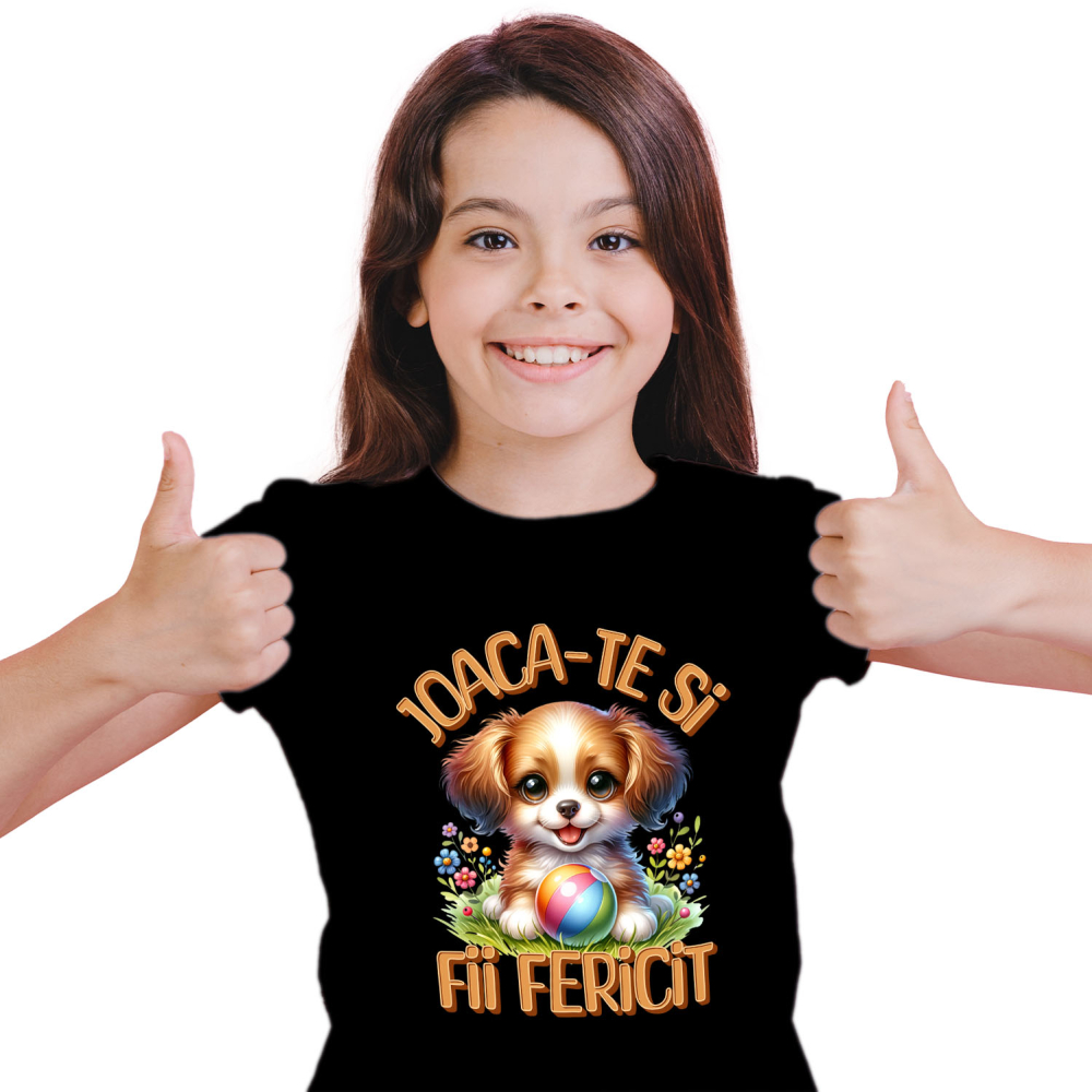 Tricou Femei, Barbati, Copii, Fata, Baiat, Unisex Personalizat Câine Pui Vesel cu Minge Colorată - Cadou Personalizat pentru Copii și Familie [2]