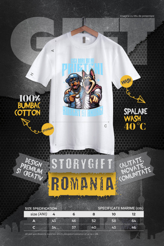 Tricou Femei, Barbati, Copii, Fata, Baiat, Unisex Personalizat "Câine Rottweiler și Ciobanesc German Imbrățișare - Cei Mai Buni Prieteni Robert și Andrei" [4]