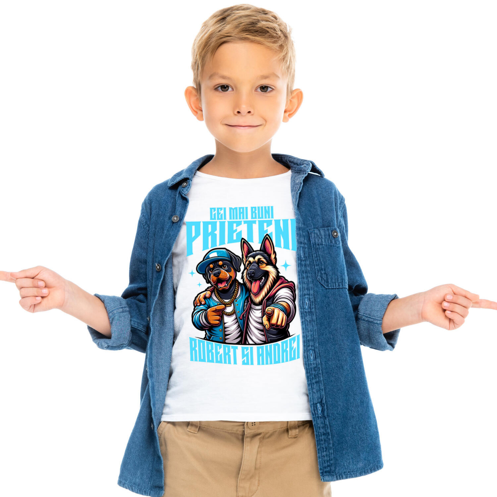 Tricou Femei, Barbati, Copii, Fata, Baiat, Unisex Personalizat "Câine Rottweiler și Ciobanesc German Imbrățișare - Cei Mai Buni Prieteni Robert și Andrei" [2]