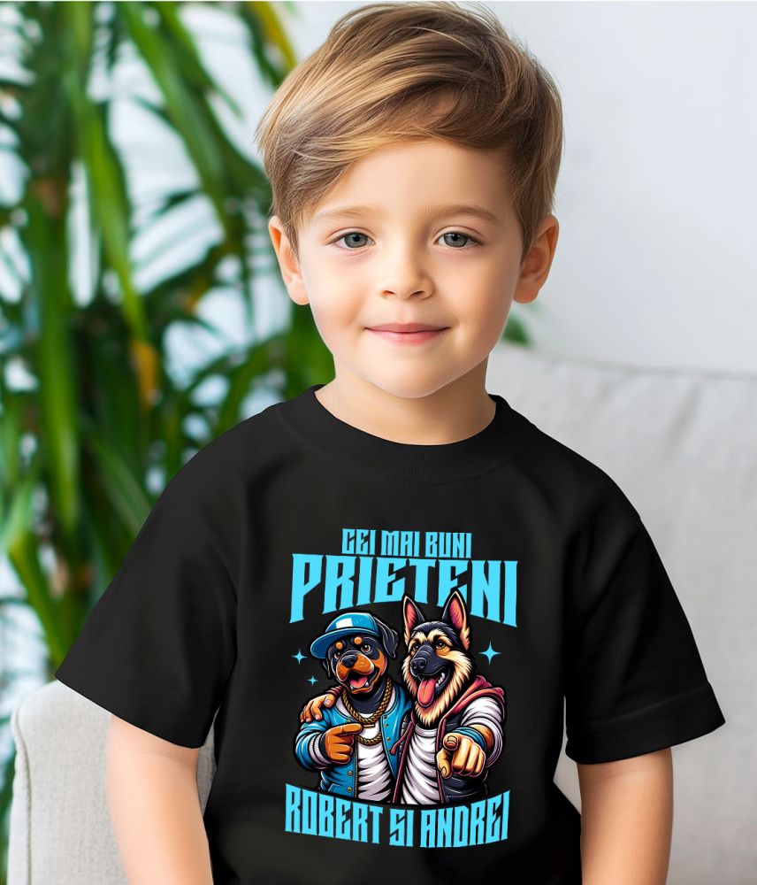 Tricou Femei, Barbati, Copii, Fata, Baiat, Unisex Personalizat "Câine Rottweiler și Ciobanesc German Imbrățișare - Cei Mai Buni Prieteni Robert și Andrei" [3]