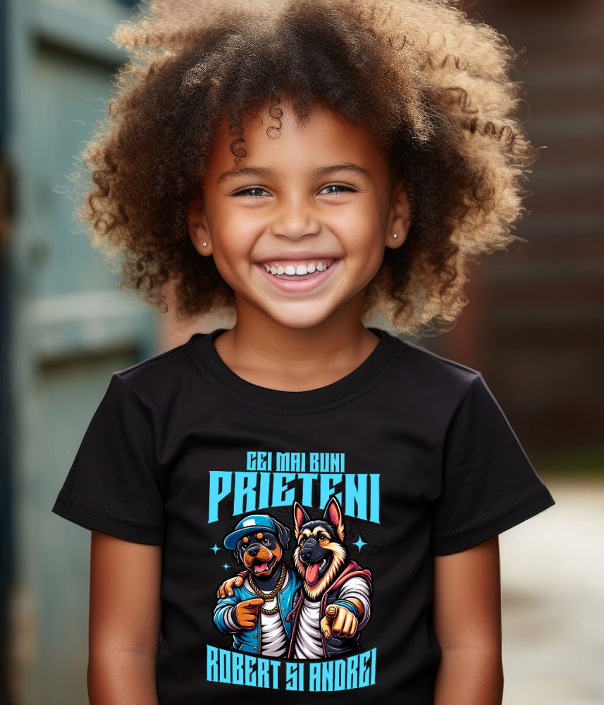 Tricou Femei, Barbati, Copii, Fata, Baiat, Unisex Personalizat "Câine Rottweiler și Ciobanesc German Imbrățișare - Cei Mai Buni Prieteni Robert și Andrei" [4]