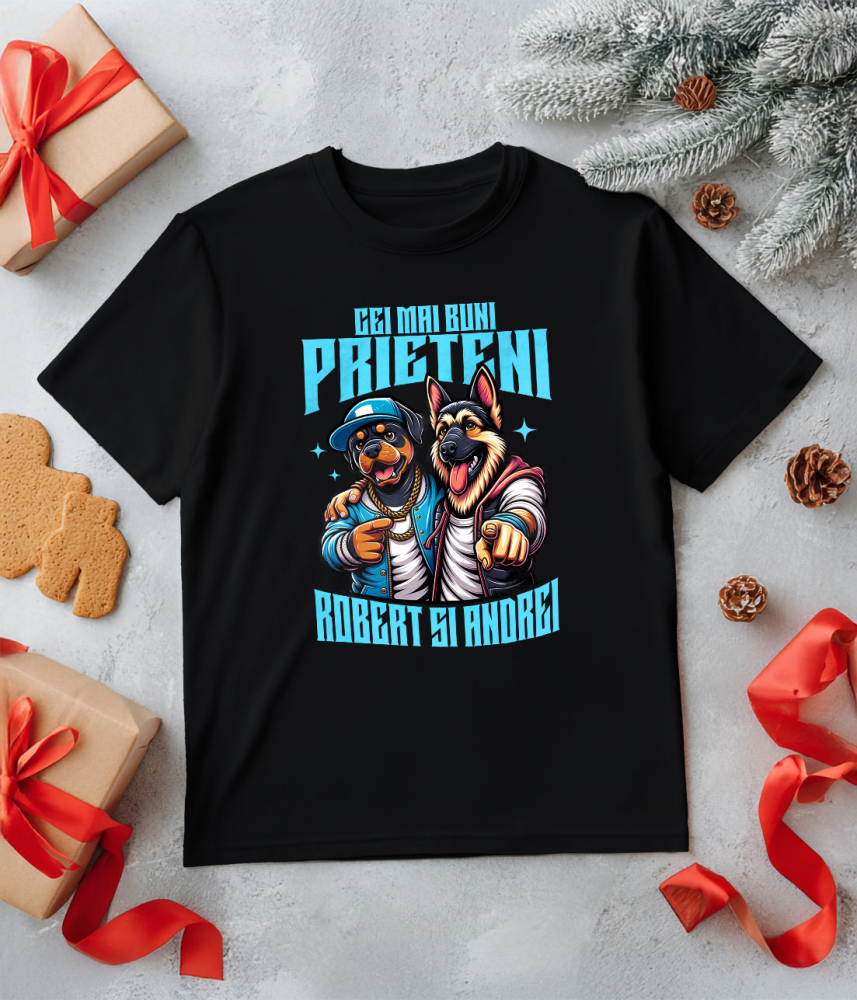 Tricou Femei, Barbati, Copii, Fata, Baiat, Unisex Personalizat "Câine Rottweiler și Ciobanesc German Imbrățișare - Cei Mai Buni Prieteni Robert și Andrei" [5]